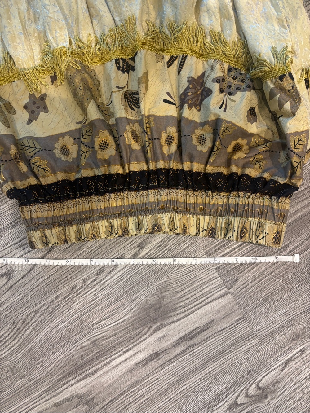 Boho Ren Faire Tassel Trim Green Yellow Floral Patchwork Loose Harem Pants - Picture 4 of 4
